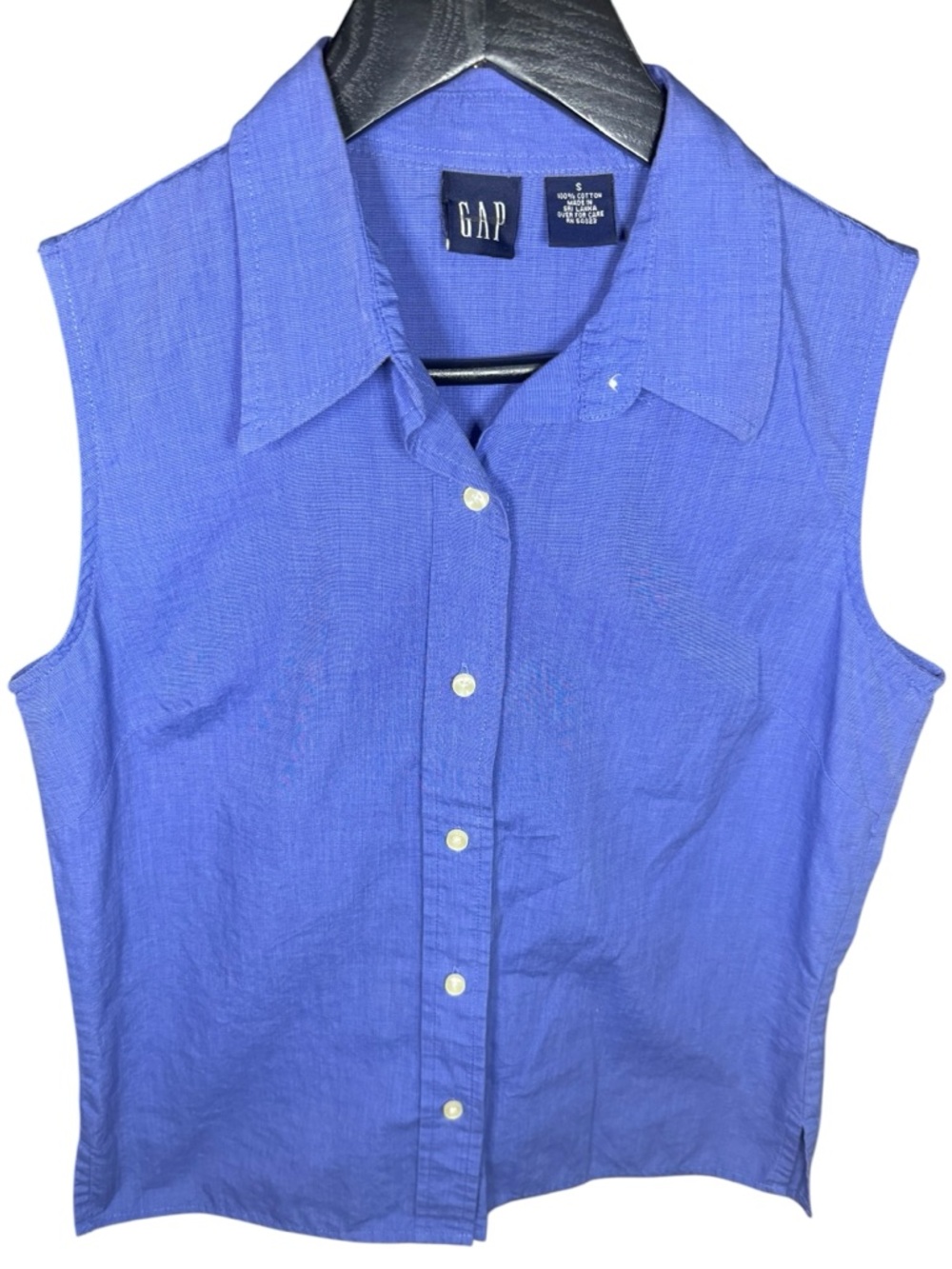 GAP Small Periwinkle Blue Sleeveless 100% Cotton Button Front Collared Top 90s